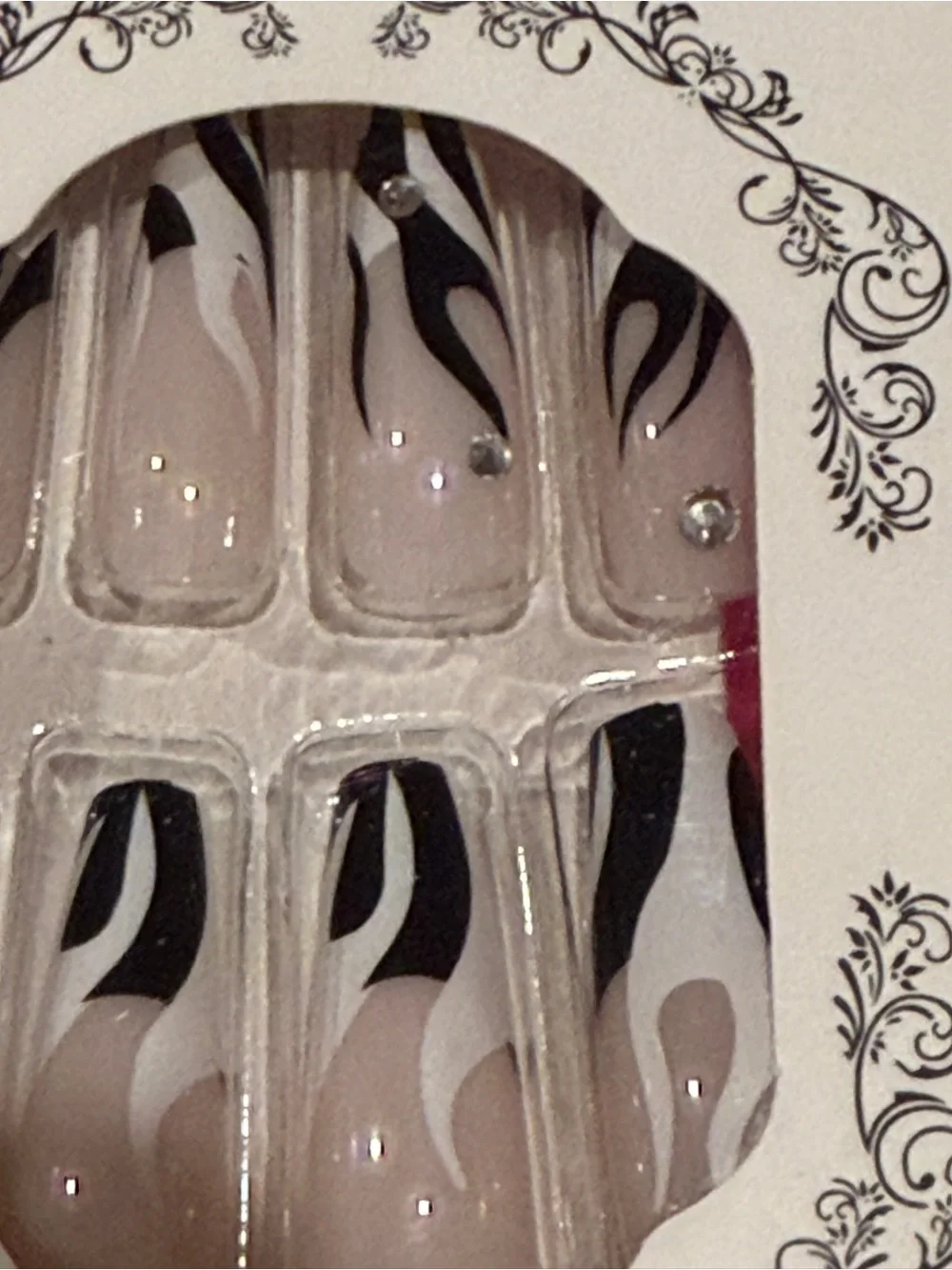 Zebra Swirl French Tip Press On Nails w/ Rhinestones | Y2K Glam